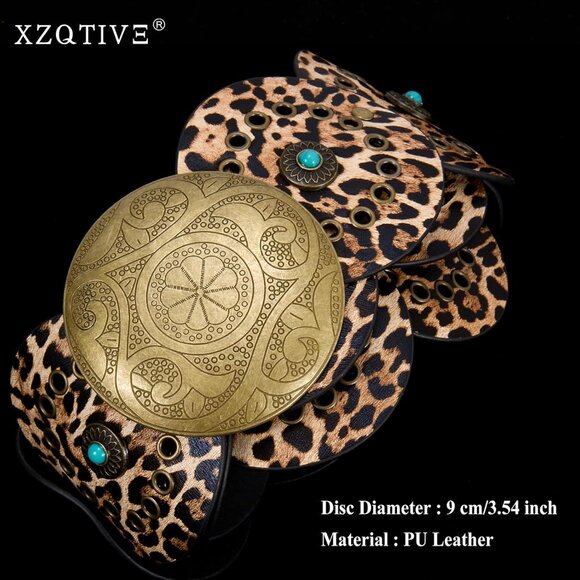 Woman's Western PU Leather Belts Concho Disc Wide Waist Belt Leopard Bronze - Picture 2 of 6